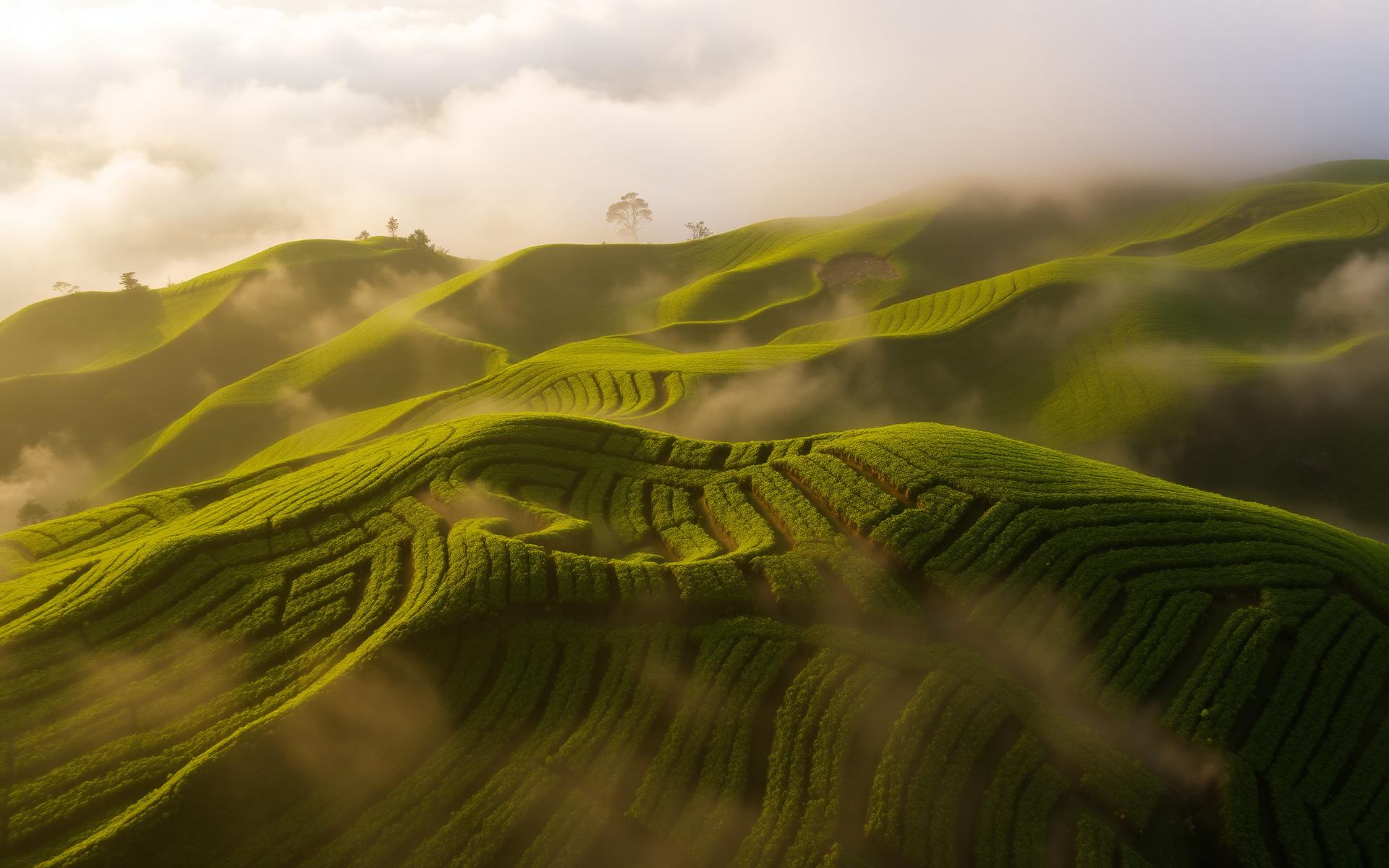 Misty tea terraces of Cameron Highlands at golden hour