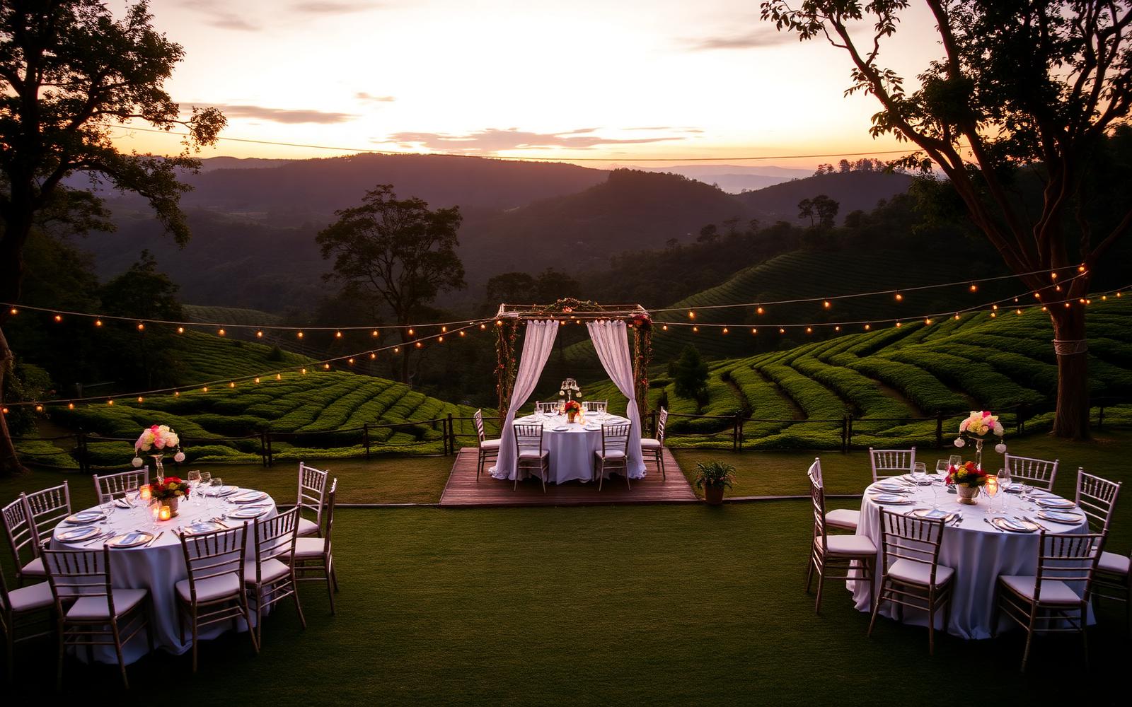 Outdoor venue on the tea plantation at sunset